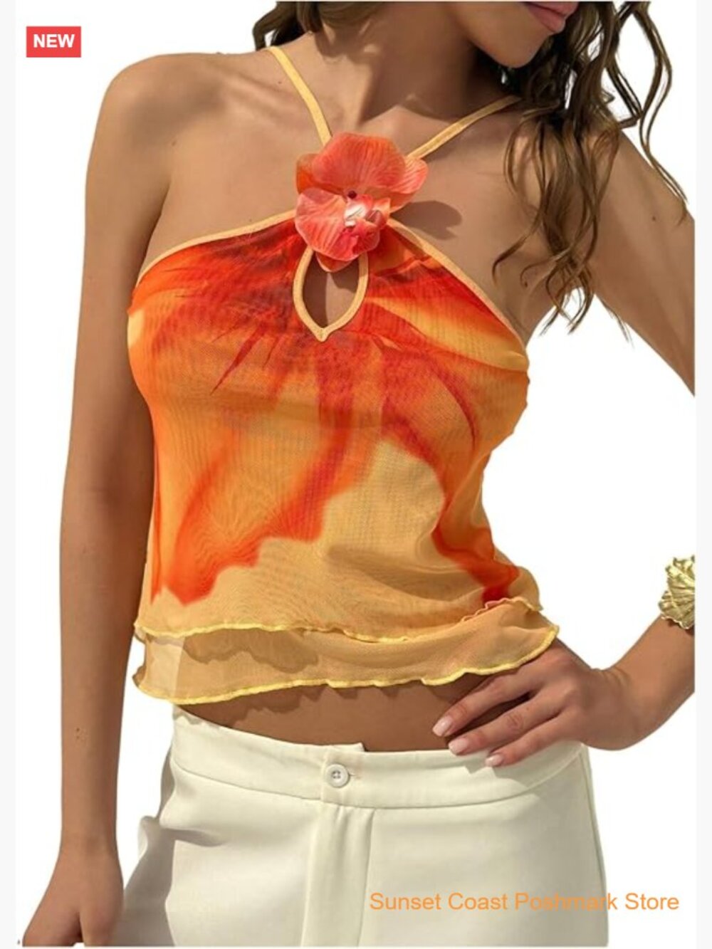3D Floral Cami Top Spaghetti Strap Layered Mesh Tank